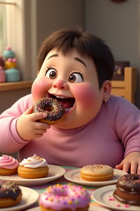 For a description of a scene with a  chubby  participating in a mukbang-style dessert challenge:

The  sits at a small table overflowing with various colorful desserts, like donuts with bright pink and chocolate glaze, cupcakes topped with swirls of frosti...