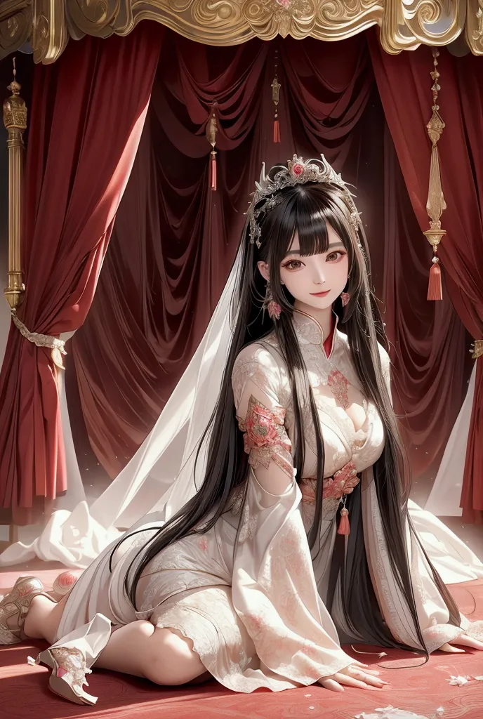 precise,  high detail ,  very detailed ,  european palace bed room ，japanese demon princess . devil's corner , bangs, long hair,...