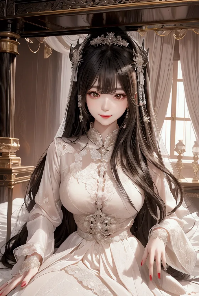 precise,  high detail ,  very detailed ,  european palace bed room ，japanese demon princess . devil's corner , bangs, long hair,...