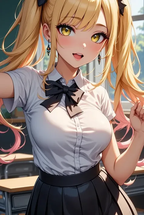 (masterpiece、  please redeem  、  very detailed))、   Girls Are Doing Pranks、Improve、  yellow gradient hair  、Long Hair、Bright yellow eyes、wicked smile、((  open your mouth))、((  Lots of Earrings  ))、((  Big boobs in the temple ))、((   shirt  ))、、Bow tie、((  ...