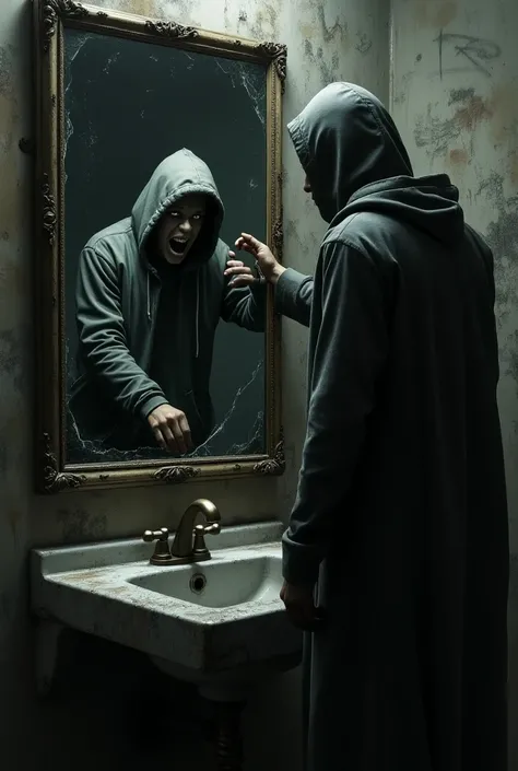 
A man stands in a dark, dirty room full of graffiti with a hood on . You only see him from behind .  He is leaning on a sink with his hands and in front of him is a completely broken mirror . There is another man in the mirror without a hood but with a ba...