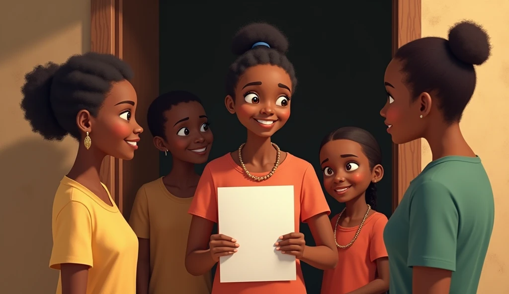 An African teenage girl stands at the doorway of a modest home, holding an official letter with her family gathered around her. Her mother looks on with pride, while the girl’s expression shifts from disbelief to excitement. The scene captures the joy and ...