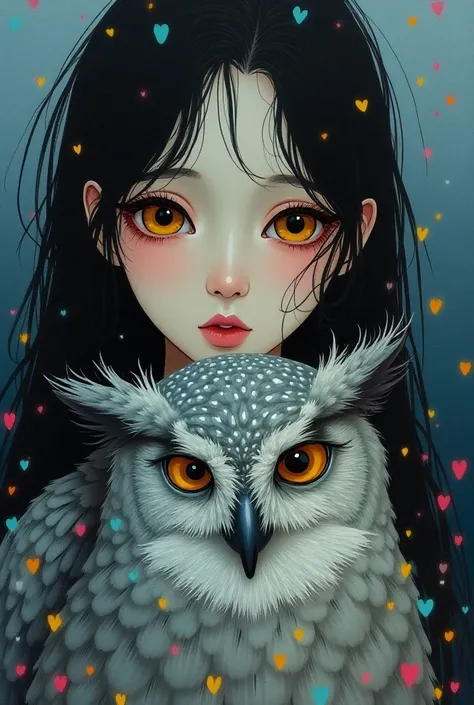 
an abstract portrait painting depicts the face of a beautiful Japanese woman with long, slightly curly hair, close up face, yellow eyes, pink lips, large breasts, hugging a large owl with thick fur and its fur shining like a diamond, half body photo, arou...