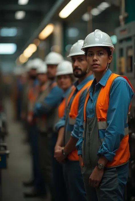 men and women, workers interspersed next to each other, in a line, in the industrial background