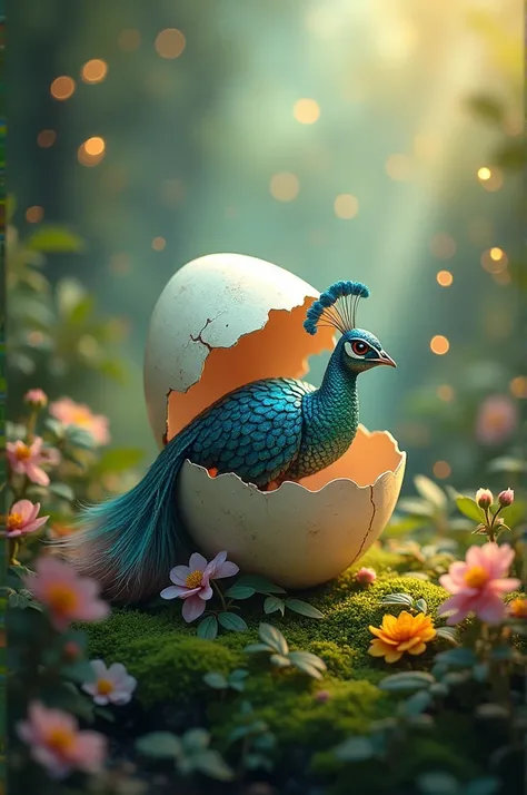 A small, vibrant peacock peeking out from a delicately cracked egg, with iridescent feathers shimmering in the light. The peacock displays hybrid features like butterfly wings or a glimmering fish-like tail. The egg is surrounded by lush forest foliage, wi...