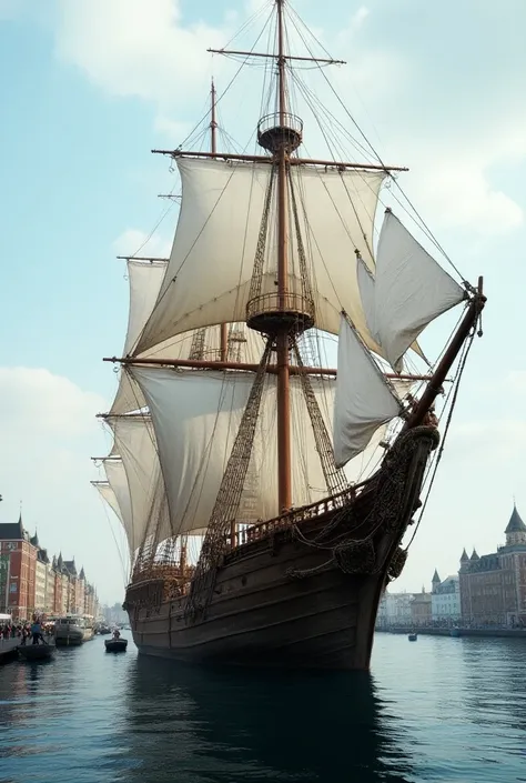 A huge and intimidating Portuguese caravela boat arriving Hamburg 