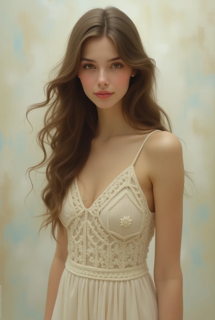 high-quality painting .  portrait of a girl with long hair,  in a white knitted dress  