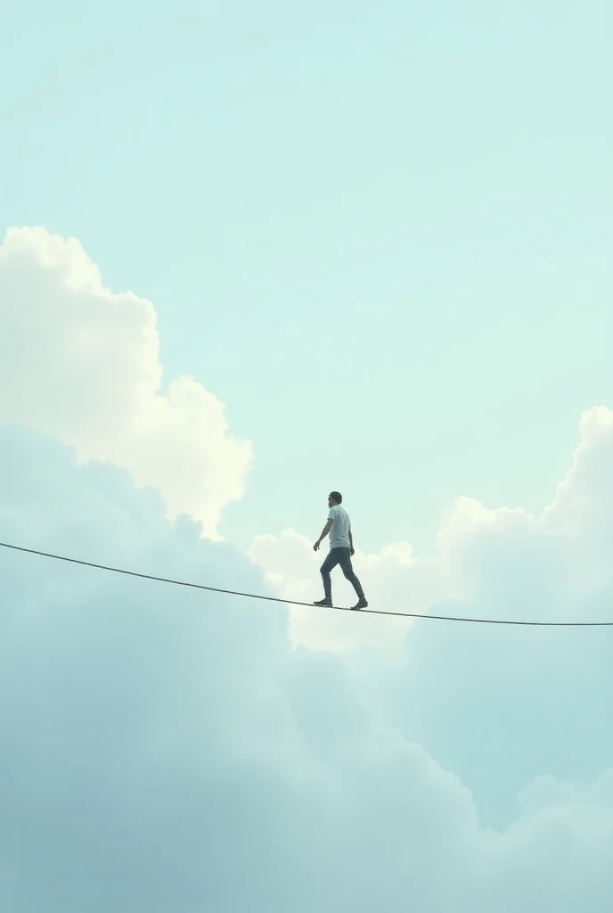 View from above A man walking on a rope in a blue and white background