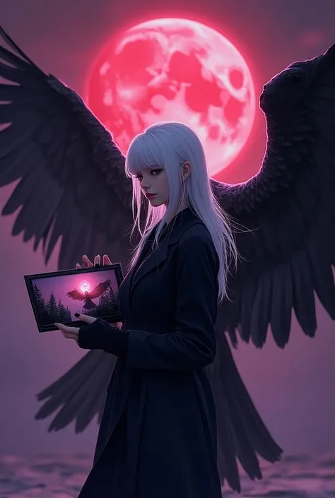  manhwa chick dressed in black carrying a behind-the-scenes shot of the Red moon mixed with purple,  white hair , and the back guy theres a big eagle bird , purple