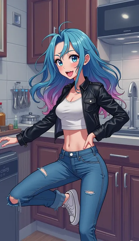 An 18-year-old young woman is in the kitchen with long, wavy blue hair cascading softly over her shoulders. Her eyes are a deep blue, expressive and full of life. Masha is wearing a black leather jacket over a white t-shirt, conveying a mix of attitude and...