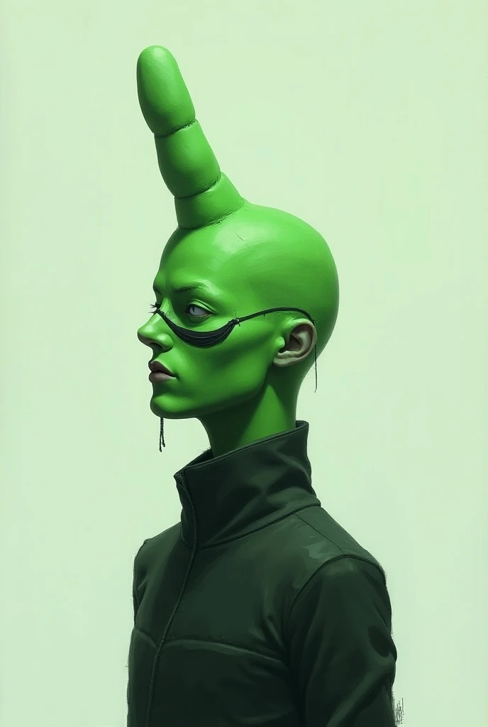 A person with a middle finger for head painted green and with a eye patch