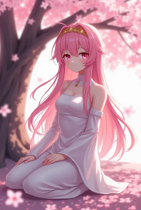 Sexy adult anime, long pink hair, pink eyes, beautiful white outfit, golden headband, 4k, good quality, artwork, sitting, under a tree, cherry tree