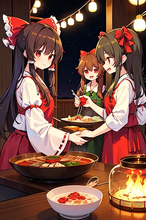 hakurei reimu (touhou)

Winter night. Its getting cold, so the characters of Touhou Project (Touhou) are having a drinking party while cooking hotpot inside the house.