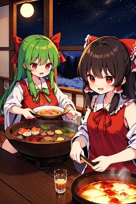 hakurei reimu (touhou)

Winter night. Its getting cold, so the characters of Touhou Project (Touhou) are having a drinking party while cooking hotpot inside the house.