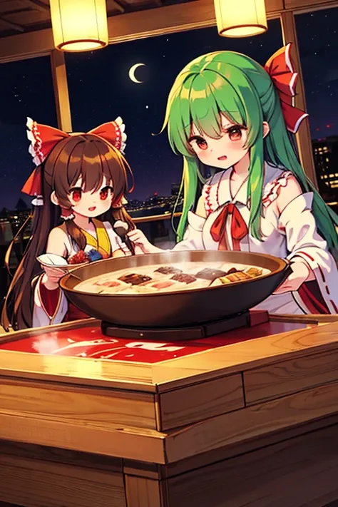 hakurei reimu (touhou)

Winter night. Its getting cold, so the characters of Touhou Project (Touhou) are having a drinking party while cooking hotpot inside the house.