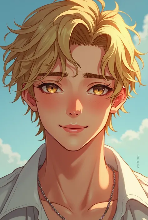 handsome man, short boyish wavy blond hair with short side micro braid, golden eyes, soft masculine features, manhwa style, cheeky grin, sun-kiss freckles