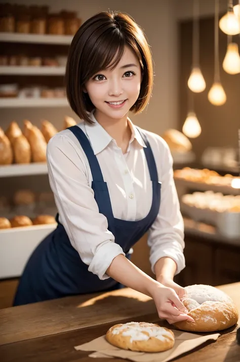 (8k, RAW photo, photorealistic, HQ, masterpiece), a cute Japanese woman, (glowing eyes), 
(light smile ), brown hair, Pixie Bob hair, (Female bakery clerk), dynamic pose, blurred background, depth of field, natural lighting, backlighting, face lightning, 