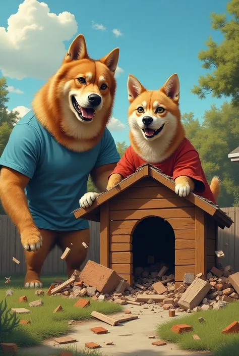 Giant dogs and cats wearing shirts and destroying the dog house 