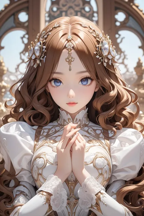 princess with a great body, long curly brown hair,  fully_clothed, detailed background, every detail is rendered in superb detail, perfect composition, masterpiece, best quality, 8k, ultra-detailed, very clear, perfect anatomy, anatomically correct hands, ...