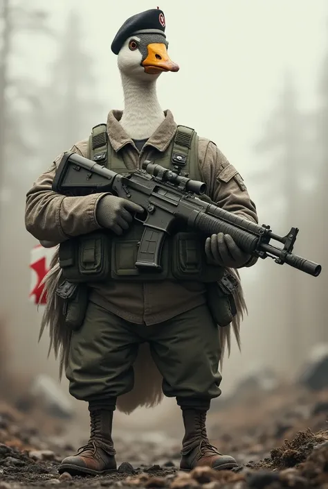 Animal Goose standing soldier holding a shotgun with military boots and vest and with the Canadian flag on his arm 