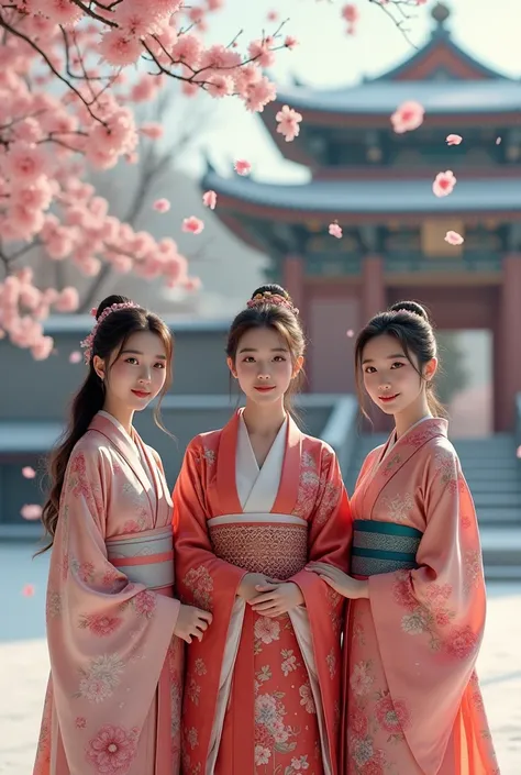 Three beautiful Korean Malay women smiling thinly wearing Japanese kimono standing in front of the palace against a background of snow and cherry blossoms staring at the camera 