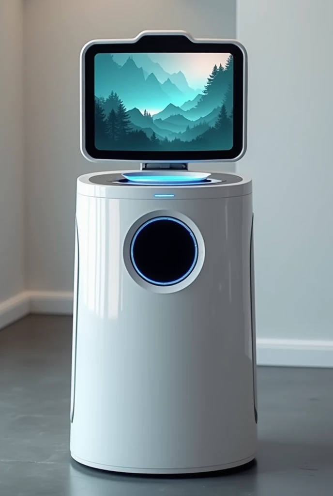 Futuristic trash can with waste suction and television on the lid, avec trou au milieu pour aspirer les dechets