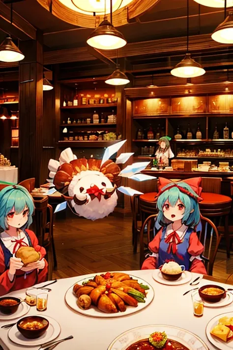 Cirnos group (touhou)
Eat a giant roast turkey in a restaurant with the characters from the Touhou Project(touhou)