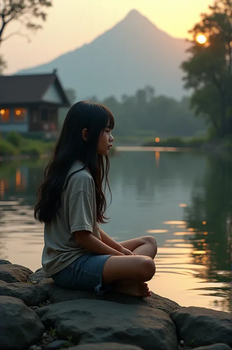  Full body photo in front of a little Indonesian girl of  rather fat long hair of black brown color,  sitting cross-legged under a tree on a rock by the river , looks at a waterfall , a simple house with lights on the wall ,quiet rural atmosphere , there i...