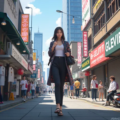 Attractive Japanese woman walking through urban streets