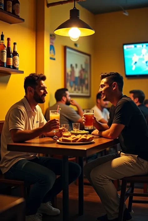 Of course!  Here is the prompt to create an image of Messi and Cristiano Ronaldo in a Brazilian bar :

Prompt de imagem:

" Messi and Cristiano Ronaldo seated at a typical Brazilian bar table , At night. The atmosphere is welcoming,  with yellow lights and...