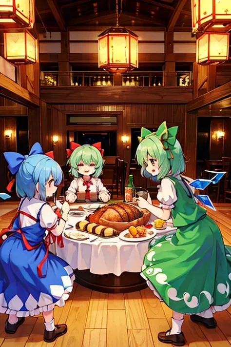 Cirnos group (touhou)
Eat a giant roast turkey in a restaurant with the characters from the Touhou Project(touhou)