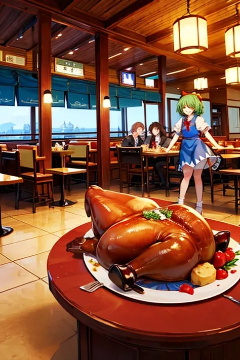 Cirnos group (touhou)
Eat a giant roast turkey in a restaurant with the characters from the Touhou Project(touhou)