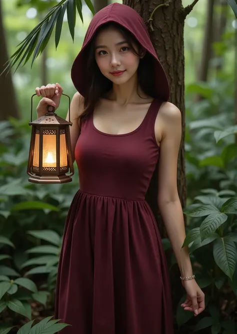 This is an image of a slender young Asian woman standing in the shade of tropical plants.There is a tree behind her . She is wearing a dark wine-red dress with a hood to cover her head . The woman is a small hand-held lantern , I have 、 shines mag...