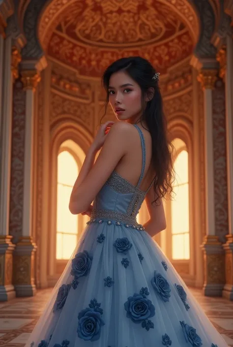 a  latina woman wearing a dress with blue roses on it, ornate turkic palace background, portrait featured on unsplash, red, portrait of vanessa morgan, anime princess, half-turned lady in evening gown, queen of war, ramil sunga, inside a palace, cyan, phot...