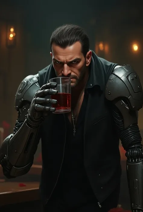 He drinks with the arm of a robot and is very angry 