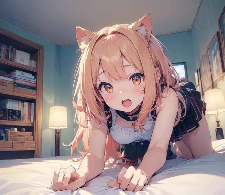 ((( Hi-Res, masterpiece,  anatomically correct ,  won numerous awards, Best Quality,  High Details ,  Ultra High Definition, )))、kawaii、Catlike posture、Roar、（craw pose1.5）、 bed、 opens her mouth （On all fours 1.3）、Showing teeth、Red cheeks、（catch 1.2）