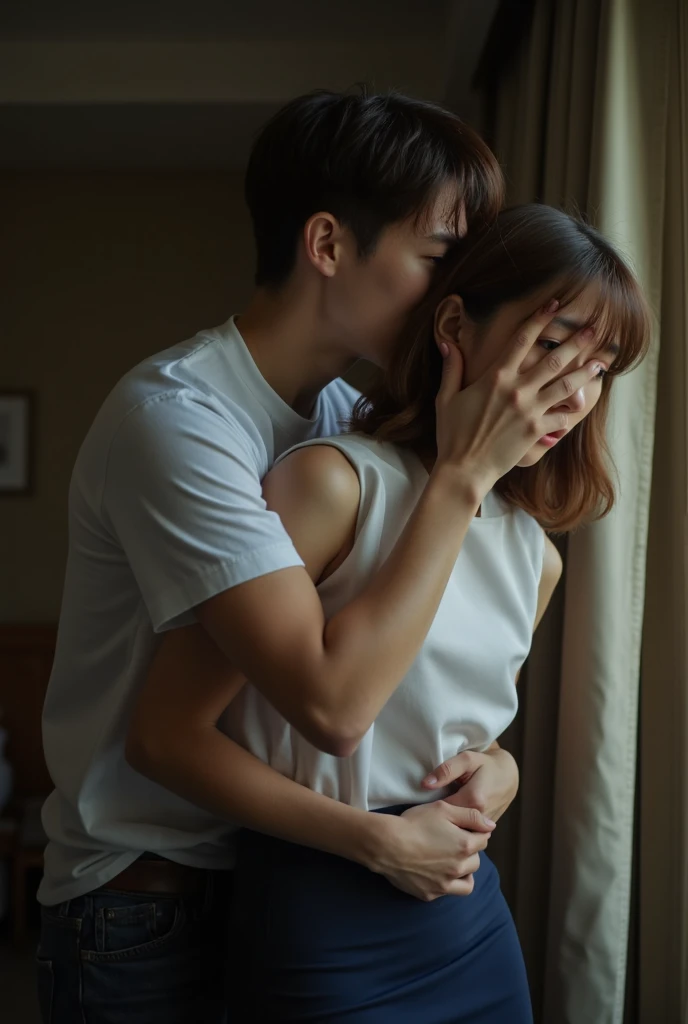 At night, by the window in a hotel room, a Japanese mature woman in her 60s is hugged from behind by a Japanese man in his 20s, her face tilted slightly upwards. They embrace each other gently, though they are a little nervous, and the woman leans against ...