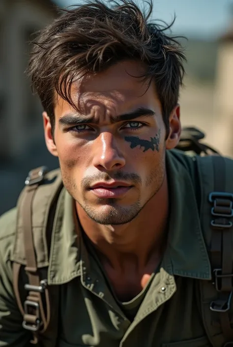 Man in his 20s. He has messy brown hair, dark blue eyes and is very handsome. He wears a soldiers uniform. He has broad shoulders and bulging muscles that make him look attractive and intimidating. A scar runs across one of his eyes.  Slightly tanned skin.