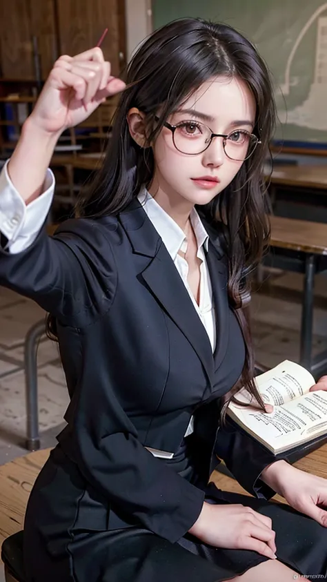 Sexy teacher in a classroom giving lessons,with glasses and her hair tied back,very pretty,pointing at the stone and teaching, she worn skinny suit blazer on the blouse and short pencil skirt : 1.5),,students seated in their seats,friendly teacher,students...