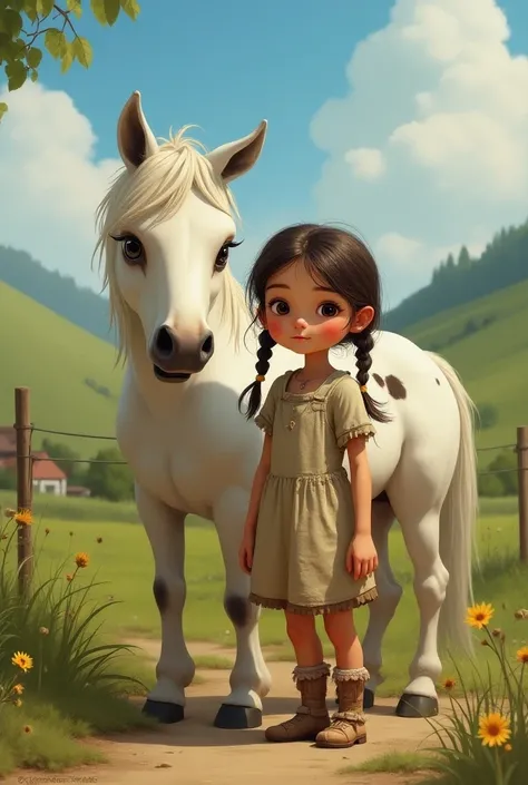 Pipi with old clothes, different socks with 2 braids abd her white horse wih black spots please real 