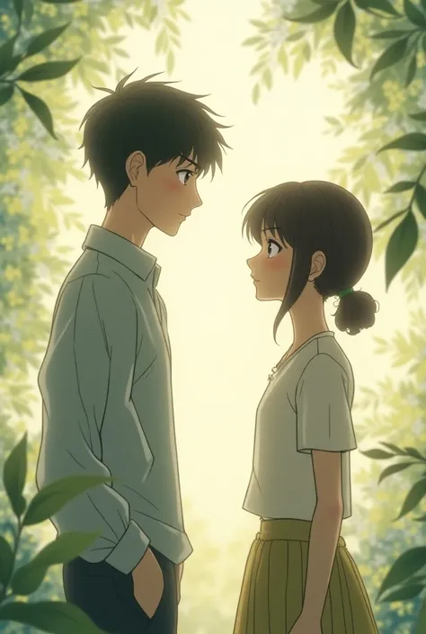  man and woman in their 30s staring at each other。Miyazaki anime style 。 slightly shy 。