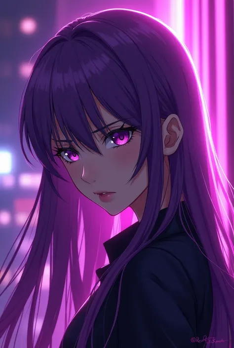 cool purple girl anime style just the headshot make it fierce ,make the girl cool with purple lights... make the girls hair long...make the girl face a little sideways  dont change the image just remove bangs