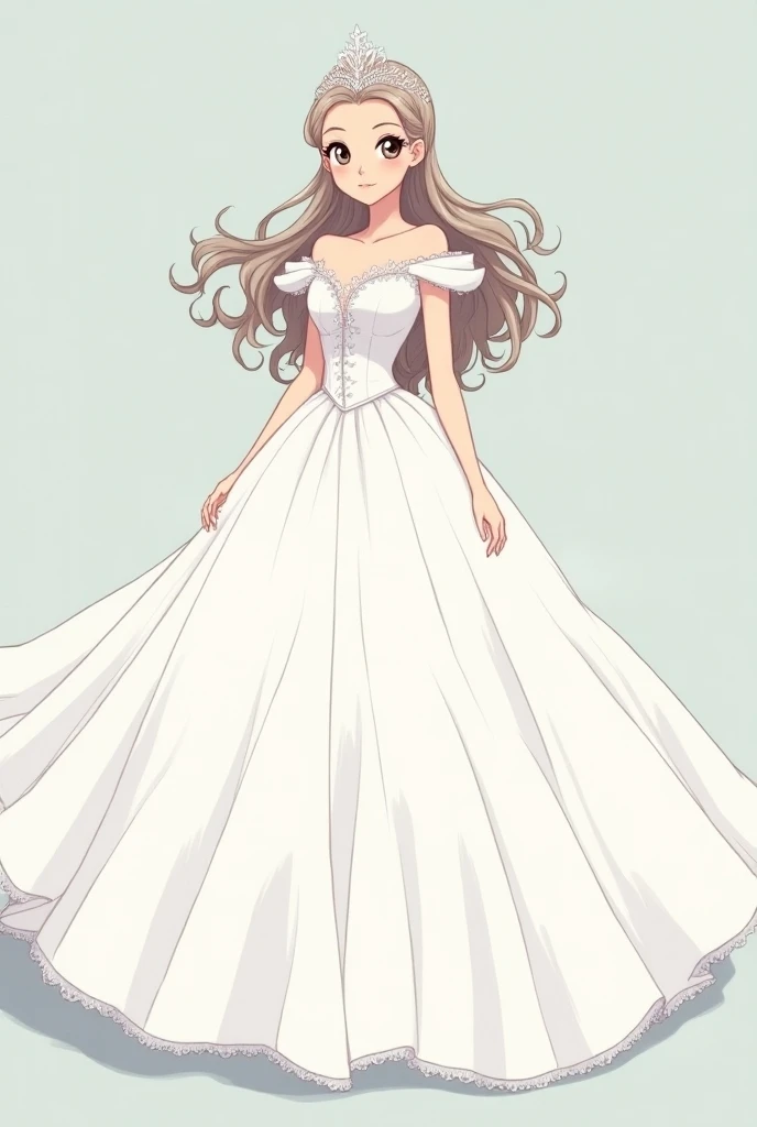 Créer moi une image dans un style dessin manga de Cendrillon avec une robe de bal blanche magnifique et les cheveux détaché avec une vue en plein pied 