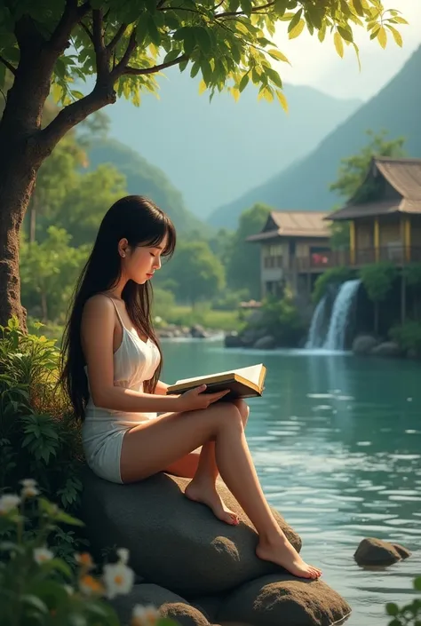  Front view full body photo facing the camera Indonesian girl  body bohay,long black brown hair ,  sitting cross-legged under a tree on a rock by the river reading a book , looks at a waterfall , a simple house with lights on the wall ,quiet rural atmosphe...