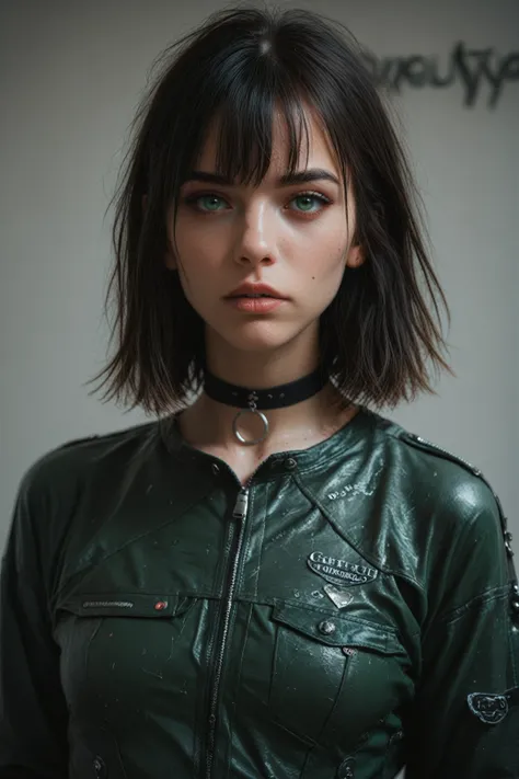  Sexy girl with grunge style black hair and bangs,  green eyes,  with a dragon in the background , LEATHER JUMPSUIT AND CHOKER 