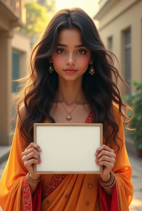 Beautiful girl with wavy long hair, Indian dress, holding a white board with text "I Love Raja" and showing it to the viewer