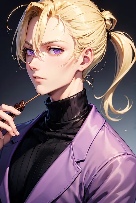 a man. purple eyes. very short hair.  black turtleneck.blonde.background is glay.
He eat ppocky_sweets.
