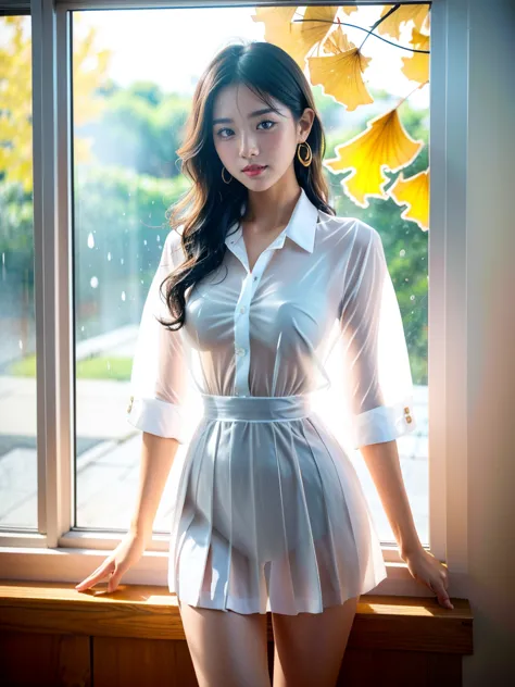 ((a woman)), 美丽脸庞的sexy中国华裔美少女, white transparent shirt, the buttons are open,  you can see her light blue , grey transparent sch...