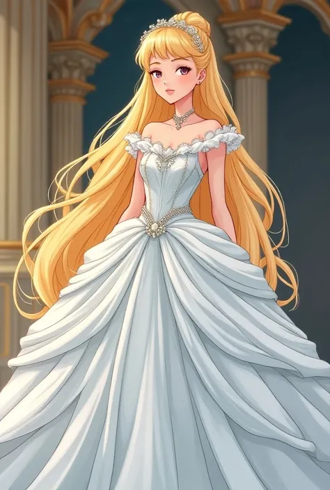 Créer moi une image dans un style dessin manga de Cendrillon blonde avec une robe de bal blanche magnifique et les cheveux détaché avec une vue en plein pied 