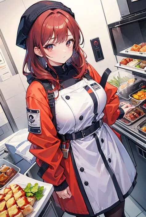 1girl, standing portrait, Central Focus, Centered, Fully in-frame, Solo, Standing still, zoomed out, fat

Gender: Female

Appearance: fat chef girl with auburn hair and a chef toque wearing a 5-star chef outfit and a volcanic jacket and utility belt.